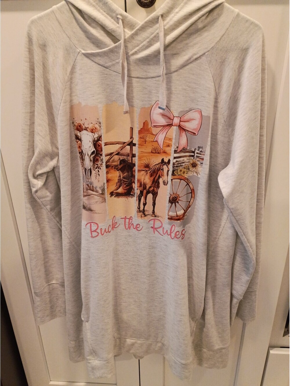 Tek Gear XL Light Gray Hoodie with Western Graphic and 'Buck the Rules' Text
